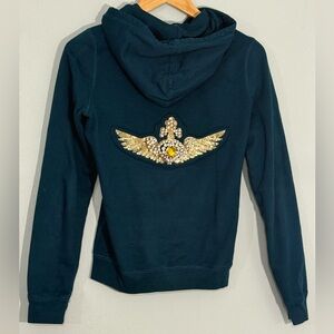 Twisted Heart Y2K Angel Wing Rhinestone Zip Hoodie Gold Zipper